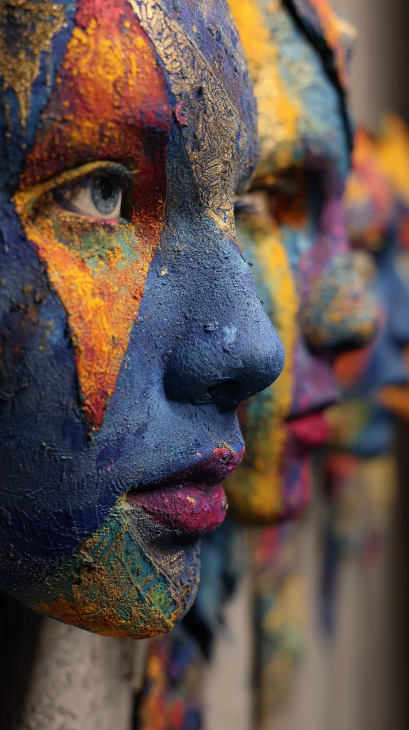 Visages colorés flottants se dissolvant en formes géométriques abstraites