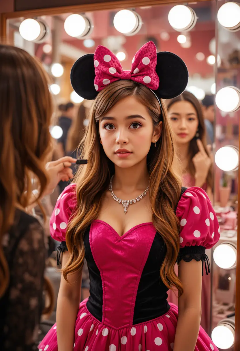 Menino com vestido rosa da Minnie em frente ao espelho de maquiagem