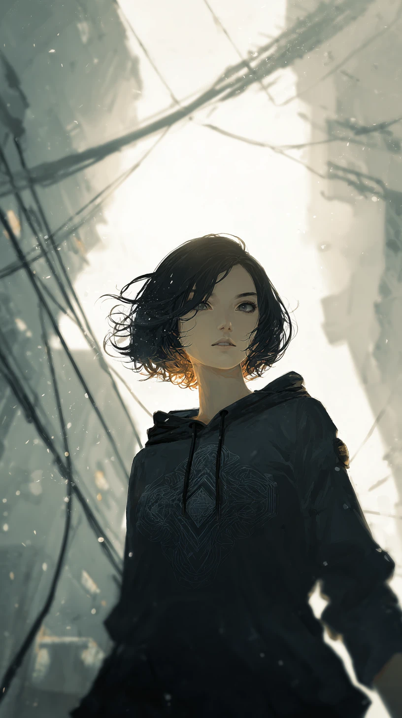 Mujer de anime con sudadera en paisaje urbano industrial desolado