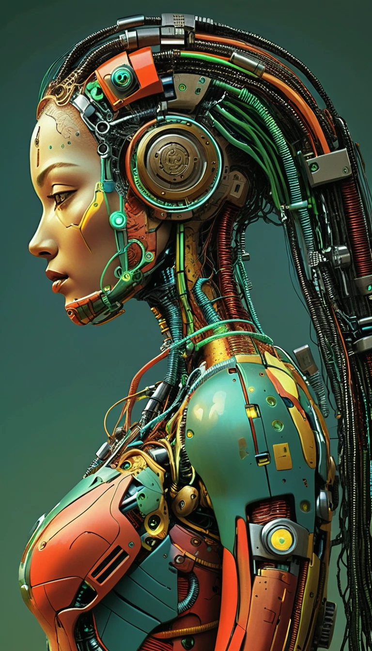Donna cibernetica futuristica in elegante profilo biomeccanico