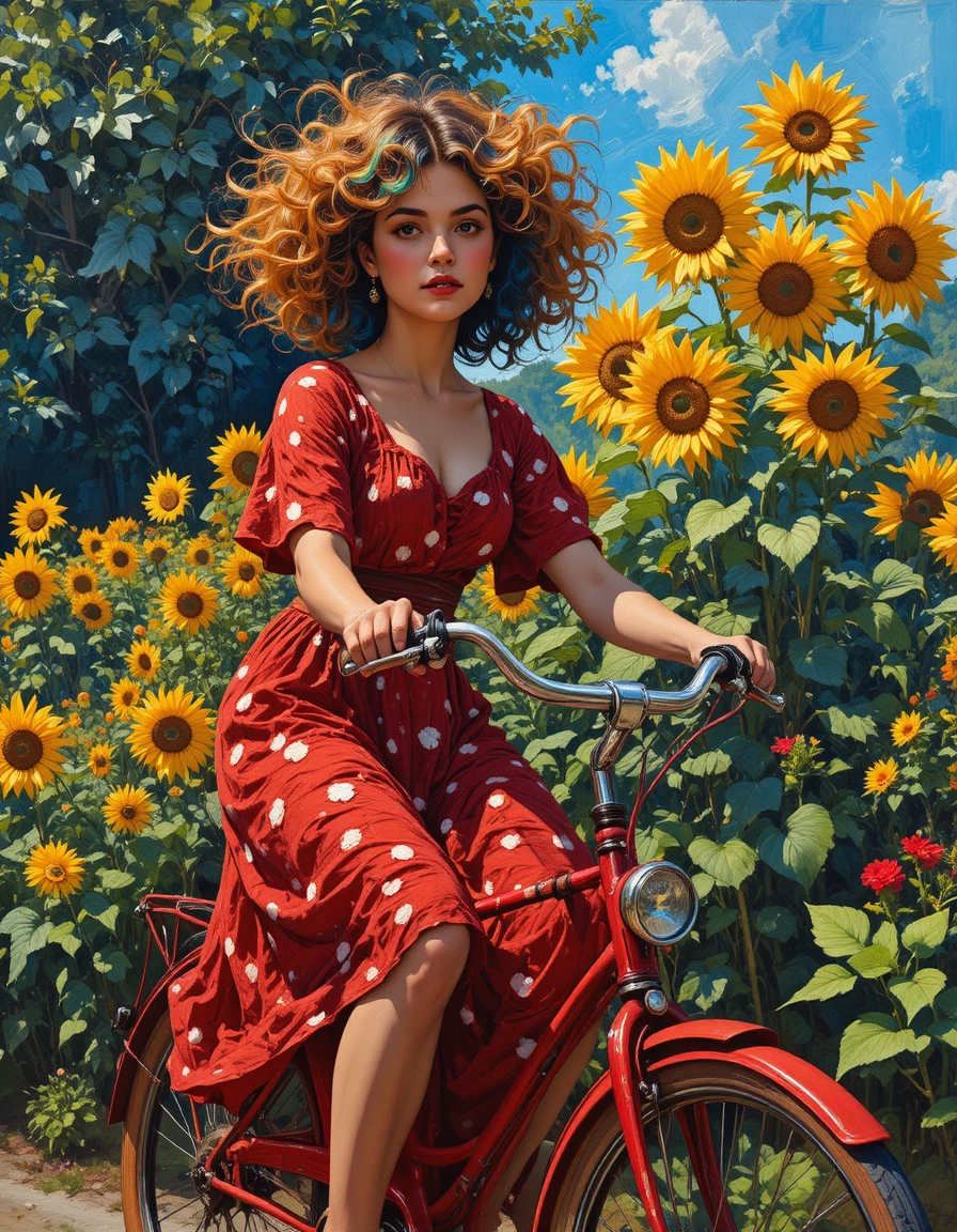 Colorful woman cycling past sunflowers in a bright garden