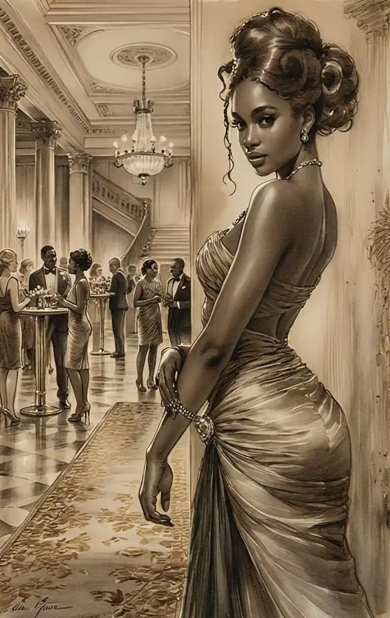 Elegante donna in abito da sera in un grande salone da ballo seppia