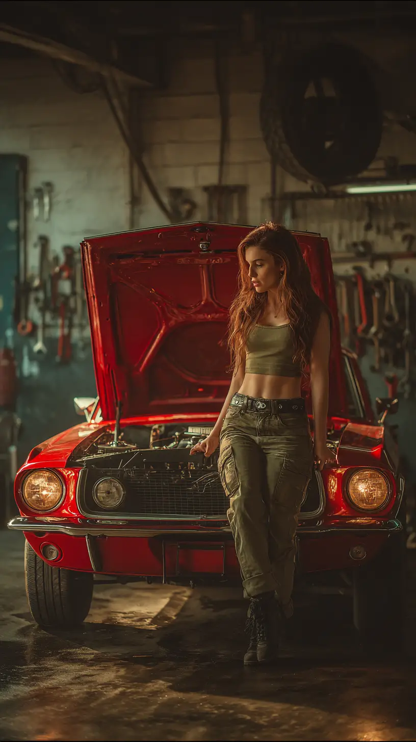 Junge Mechanikerin öffnet die Motorhaube eines roten Muscle-Cars in der Werkstatt