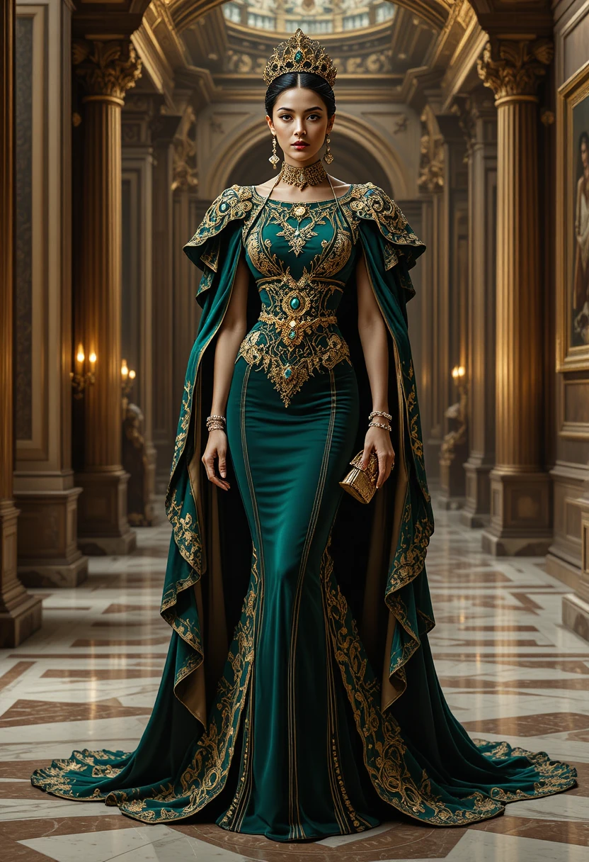 Ilustração de moda de rainha imperial em interior de grande palácio