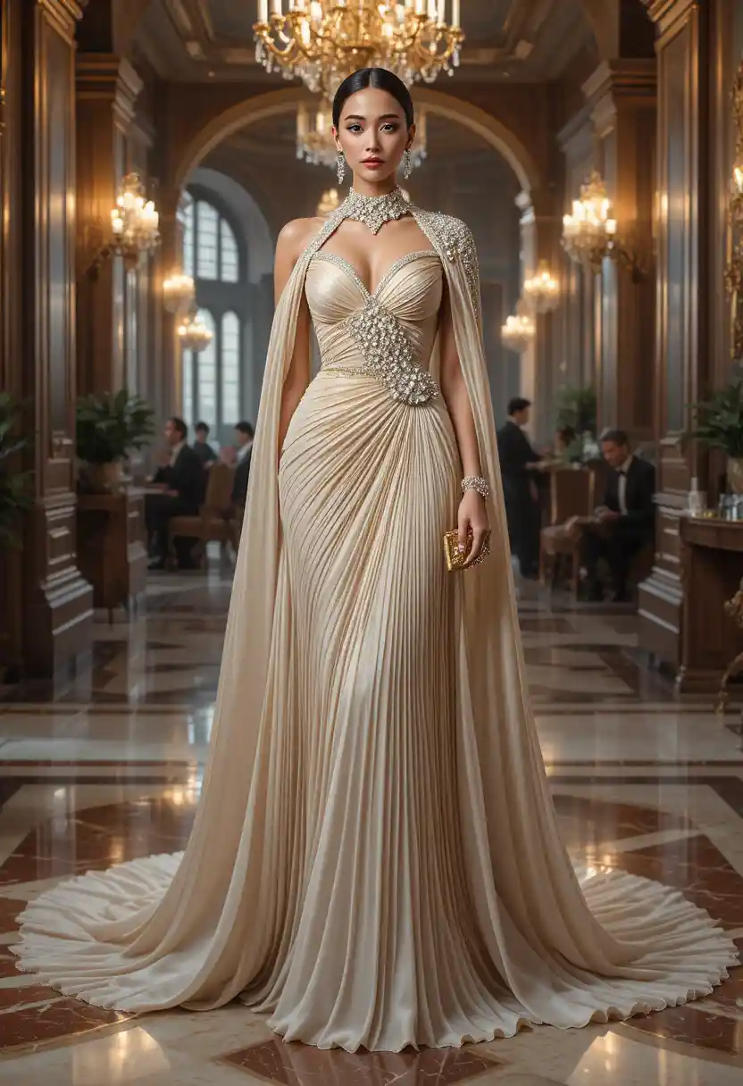 Elegant woman in couture gown at a grand ballroom gala