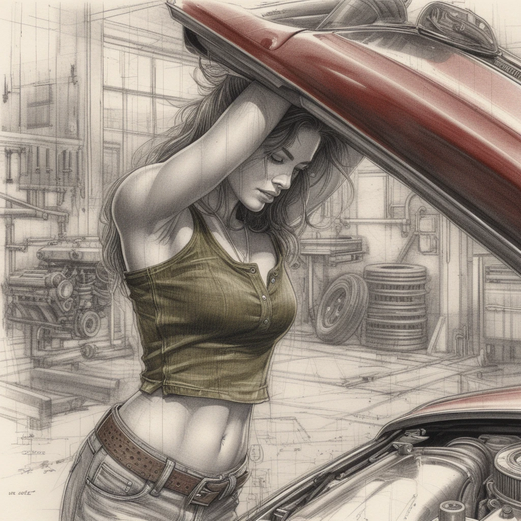 Young mechanic lifting hood of red muscle car