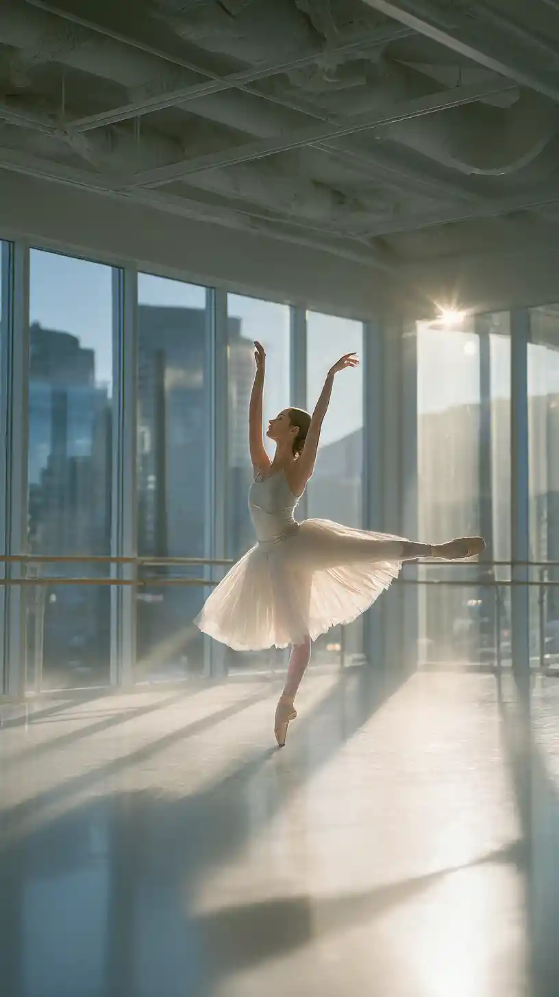 Ballerina in arabesque pose in bright urban dance studio