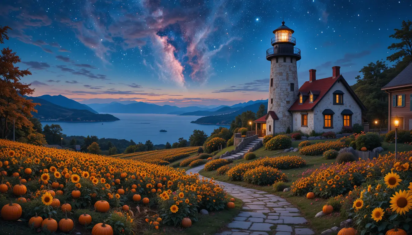 Coastal lighthouse under twilight sky with stars and ocean