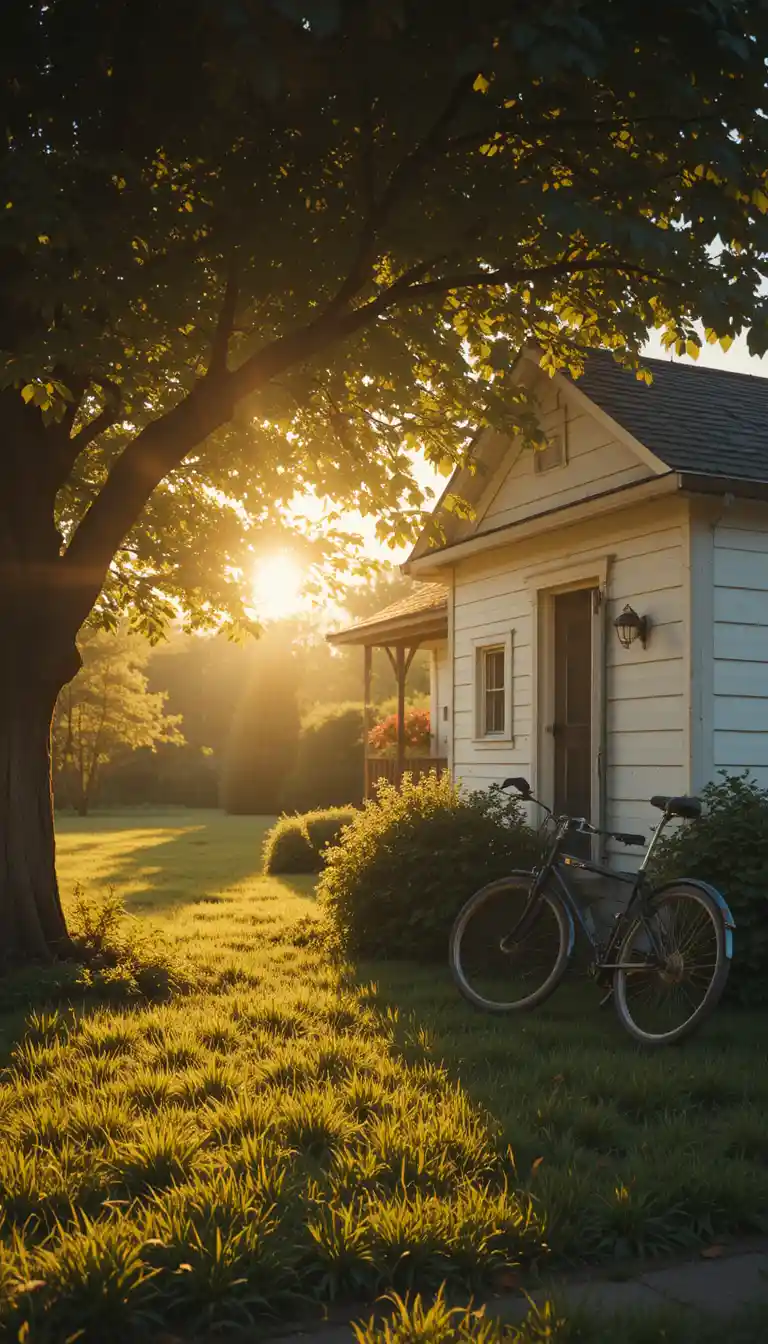 Vintage bicycle by a cottage at warm golden hour