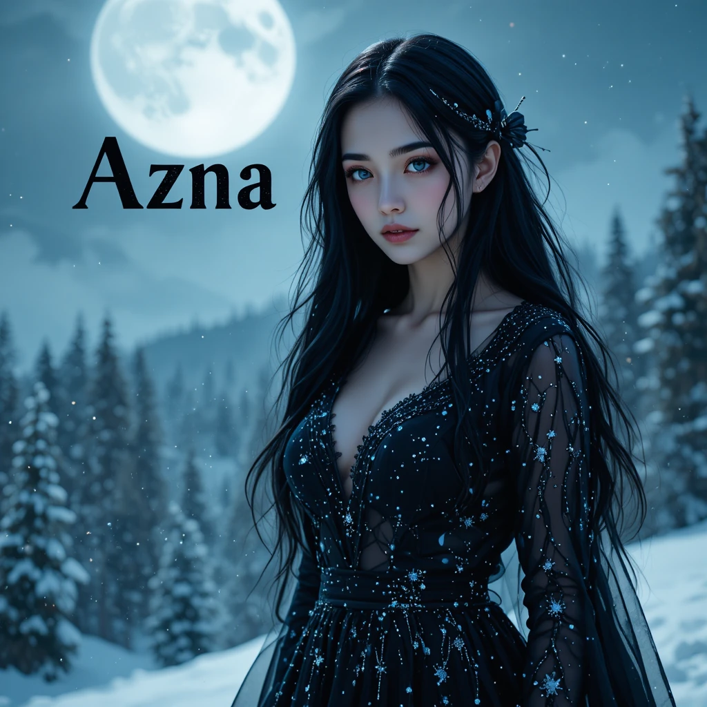 Joven mujer en tormenta de nieve a la luz de la luna sobre una colina boscosa