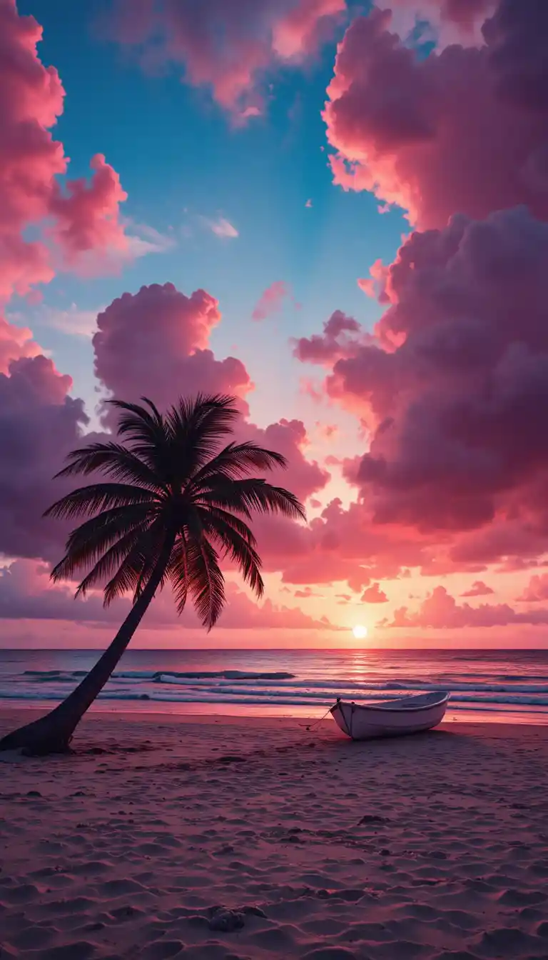 Dramatic tropical beach sunset with palm tree silhouette