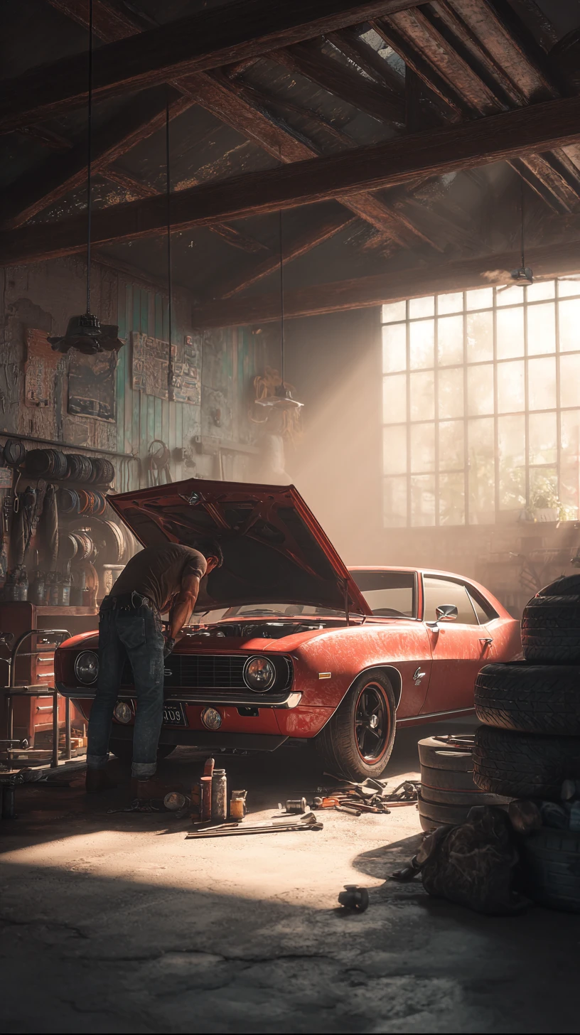 Mechanic Repairing Red Car In Sunlit Garage Interior