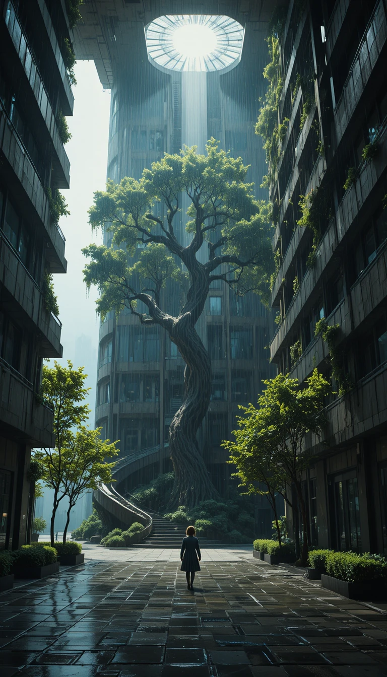 Torre futurista com árvore gigante sobre praça de pedra molhada
