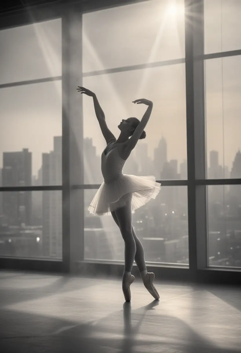 Bailarina em pose de arabesque em estúdio de dança urbano e iluminado