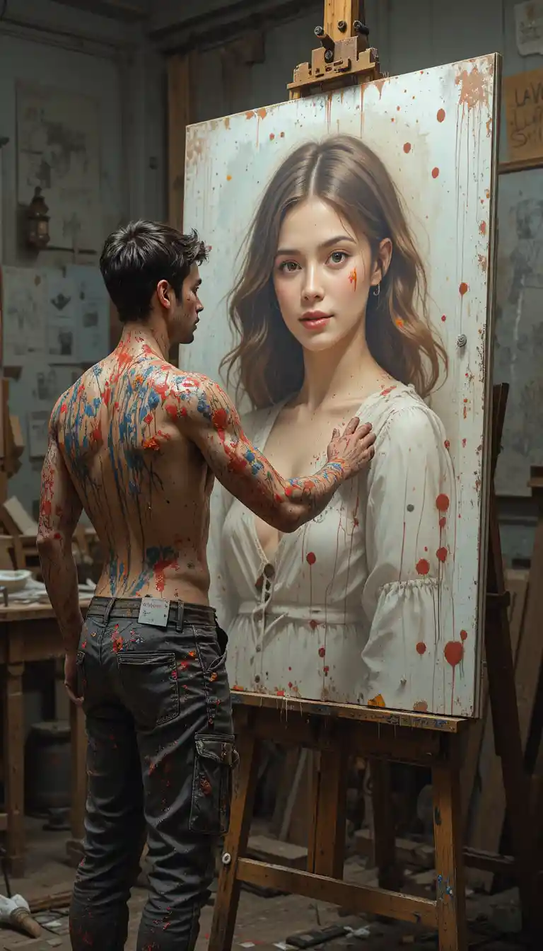Young artist reaches toward woman emerging from painting