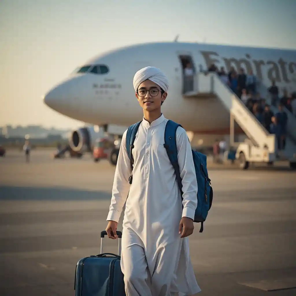 여객기 옆 공항 활주로를 걷는 어린 소년