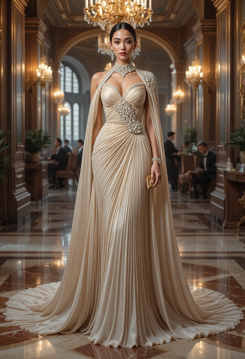 Elegant woman in couture gown at a grand ballroom gala