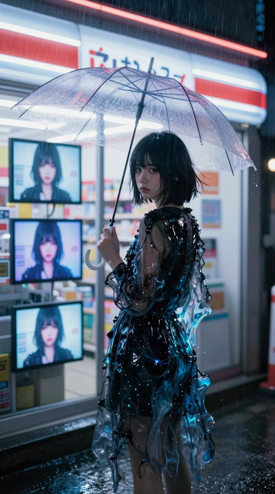 Fille sous un parapluie transparent devant une boutique japonaise de nuit