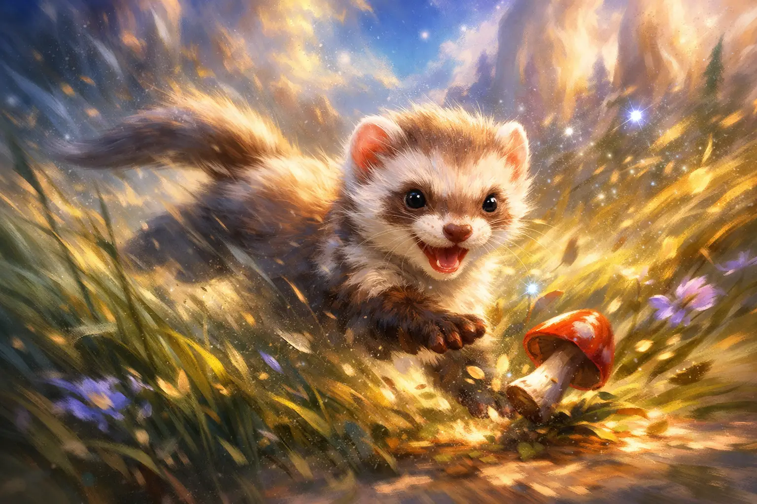 Cucciolo di furetto giocherellone che corre tra l’erba alta