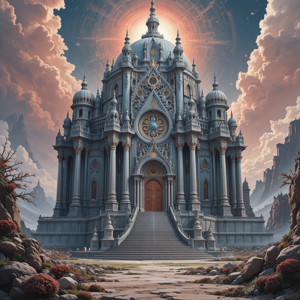 Antico tempio sacro sotto vasti cieli ispirati alla fantascienza