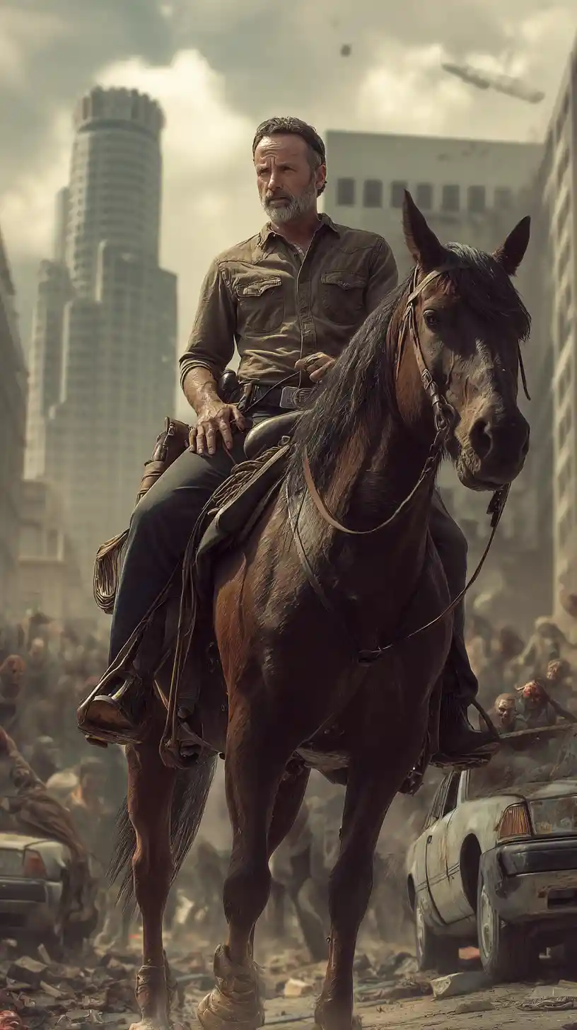 Cowboy riding a horse across an empty city bridge