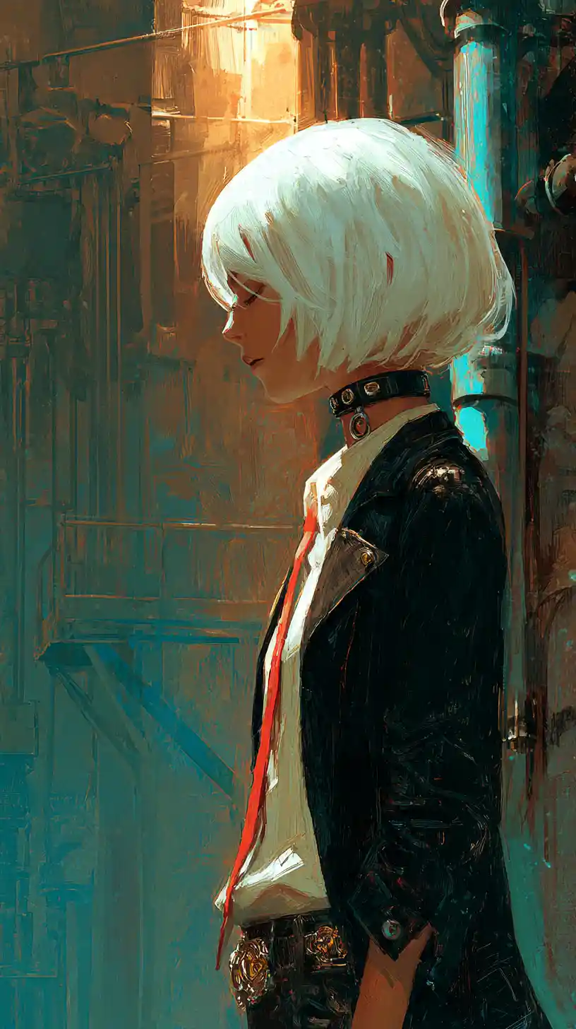 Anime girl in shadowed alley with bloodstained blouse