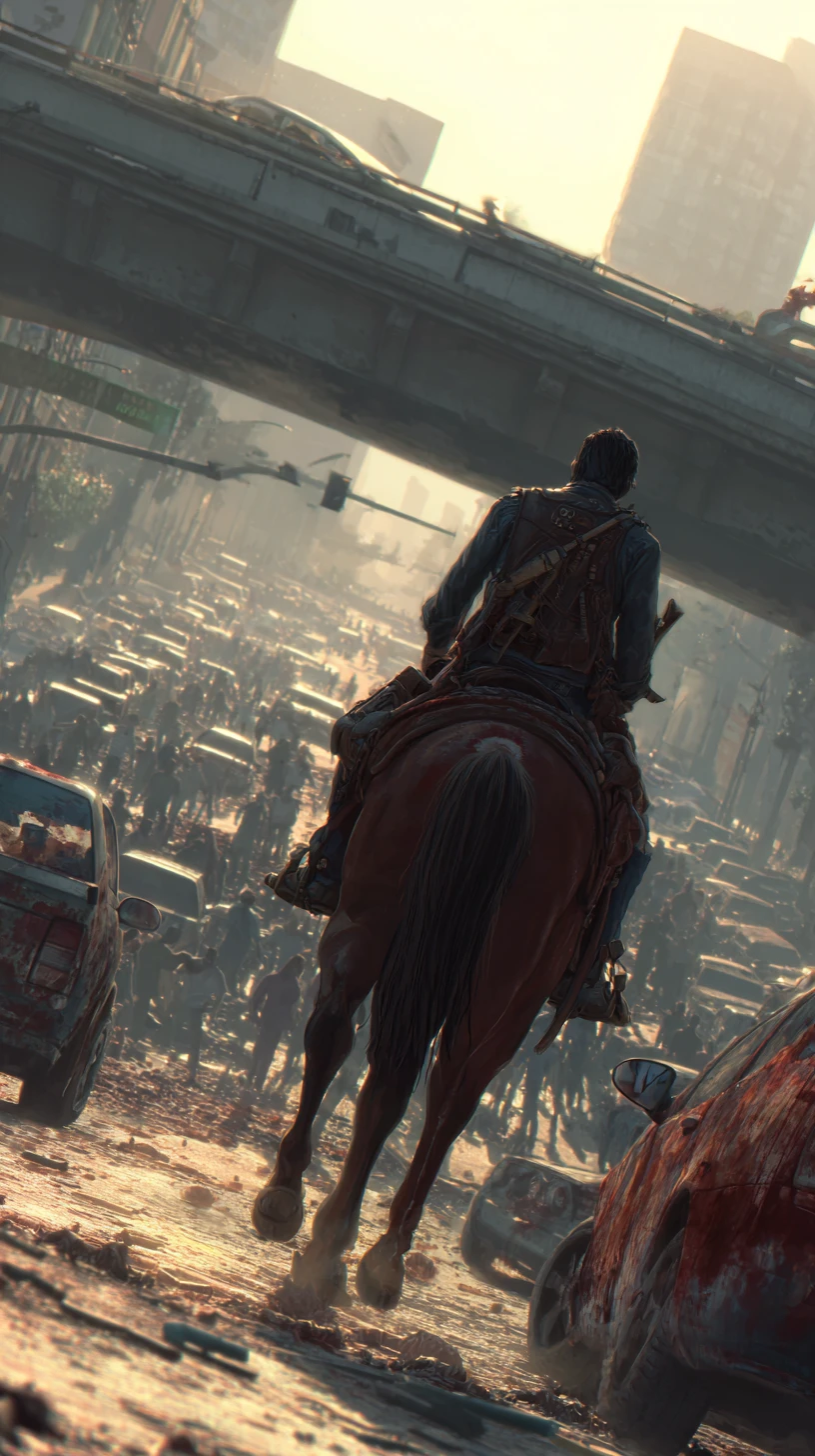 Cowboy riding a horse across a ruined city bridge