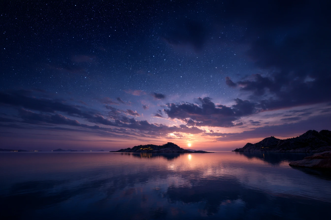 Stille mondbeschienene Meereslandschaft unter einem sternenübersäten Nachthimmel