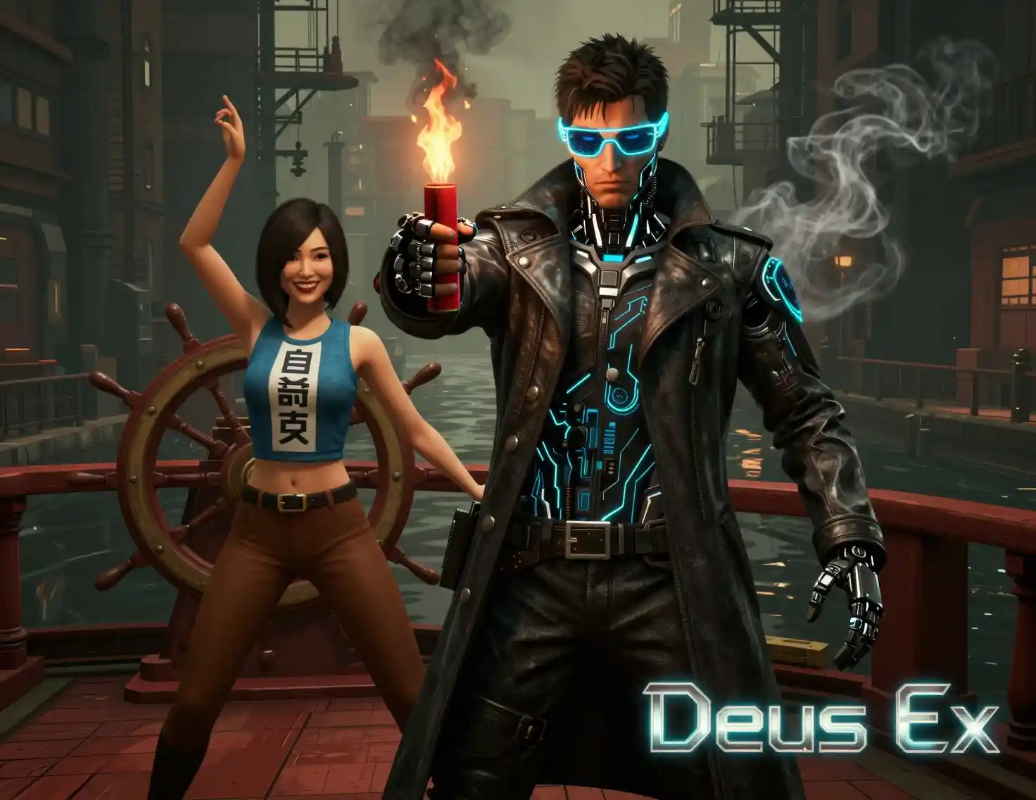 Cybernetic detective holding firecracker in smoky canal scene