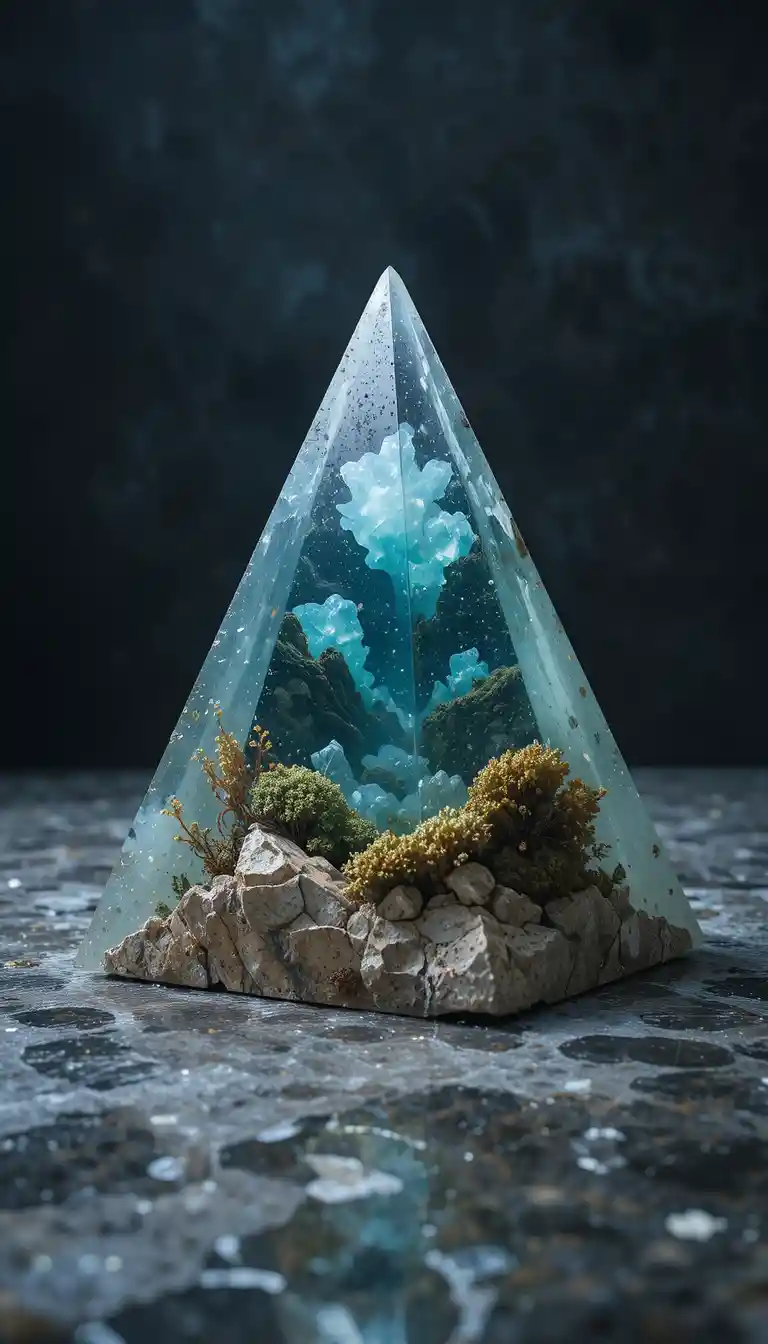 Glass stone pyramid holding tiny marine landscapes within