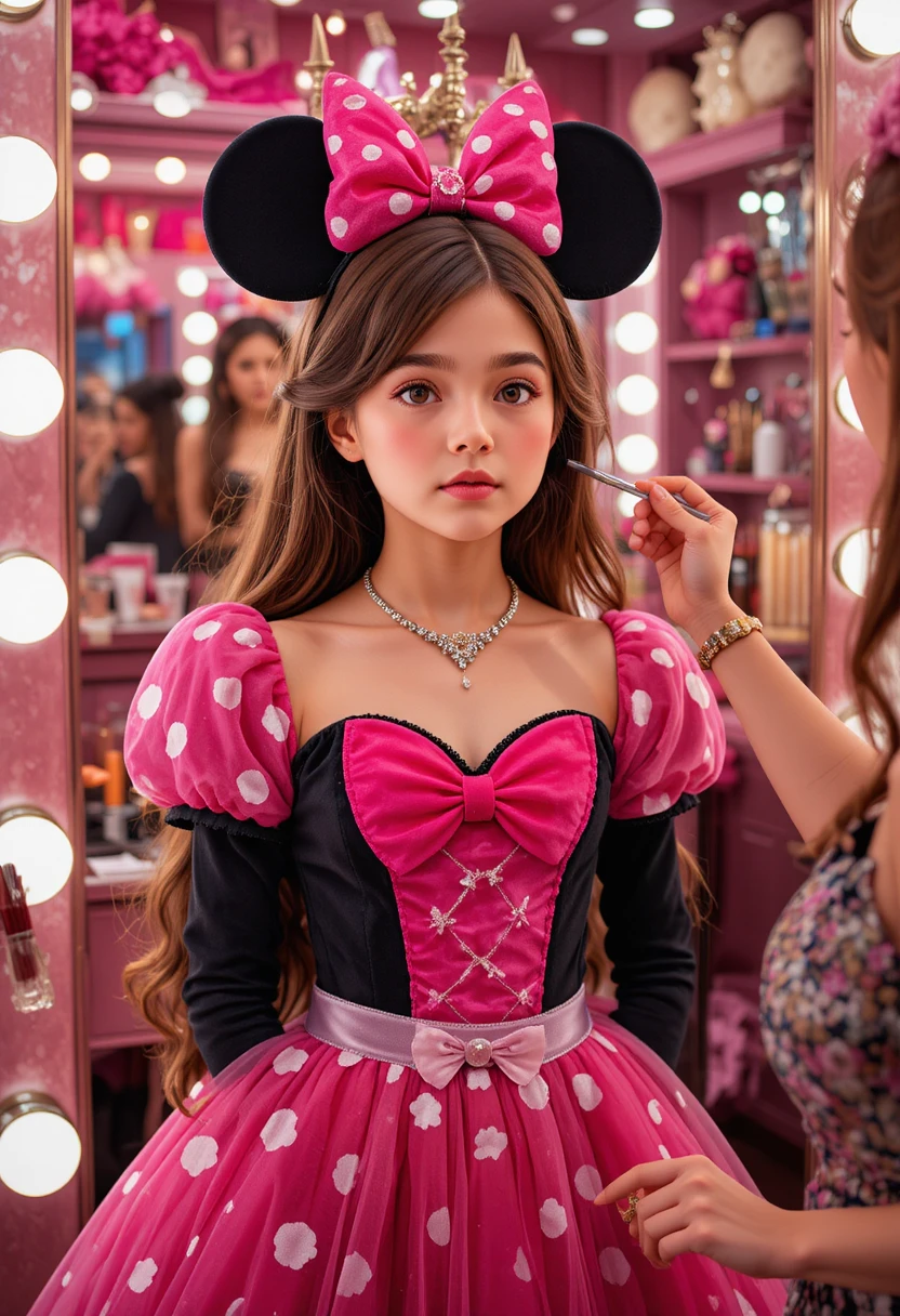 Boy in pink Minnie dress getting makeup in boutique