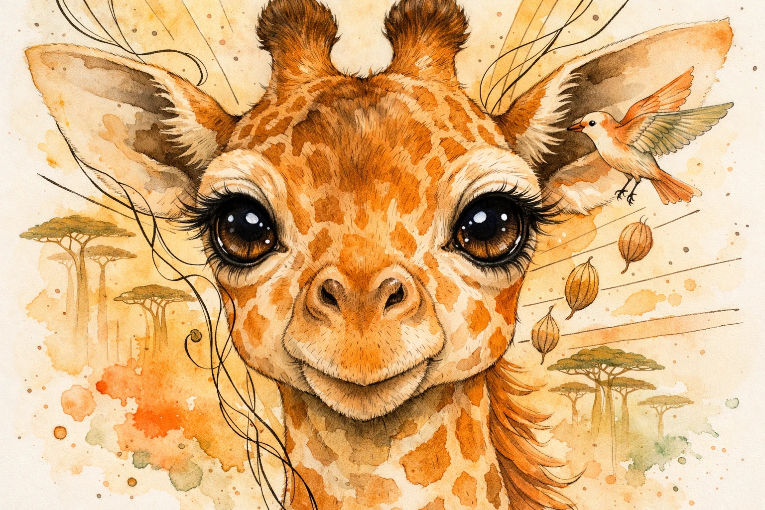 Ritratto di giraffa cucciolo con dettagli surreali della savana ad acquerello