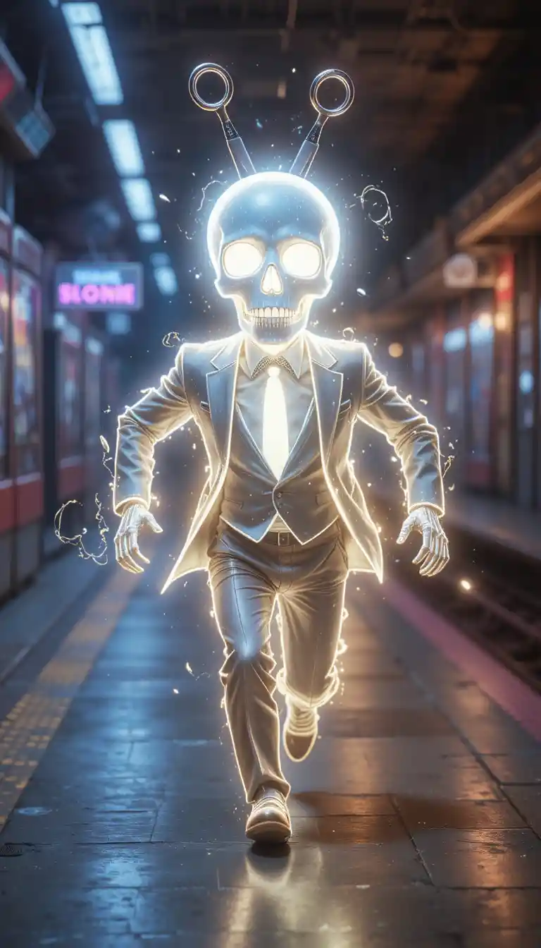 Teschio luminoso in abito che corre lungo il marciapiede della stazione