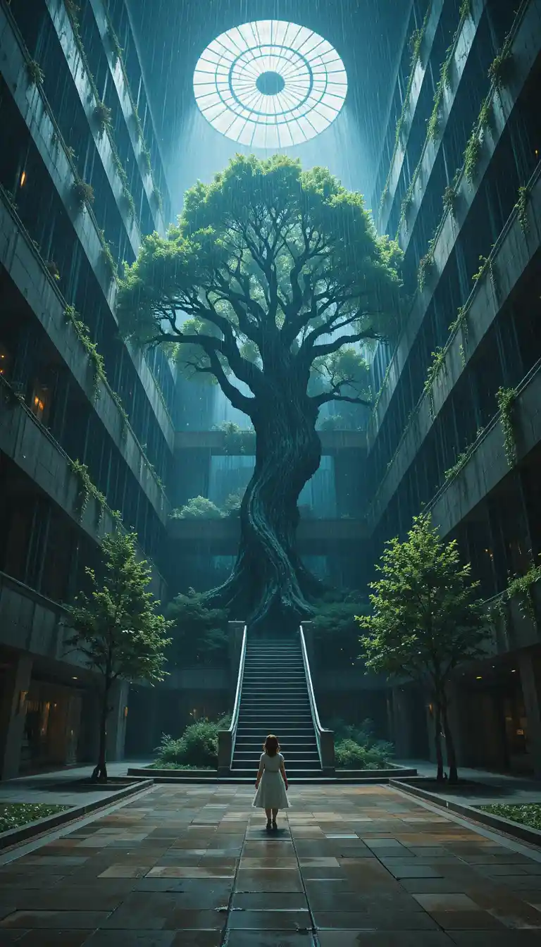Edificio futuristico trafitto da un albero gigante dopo la pioggia