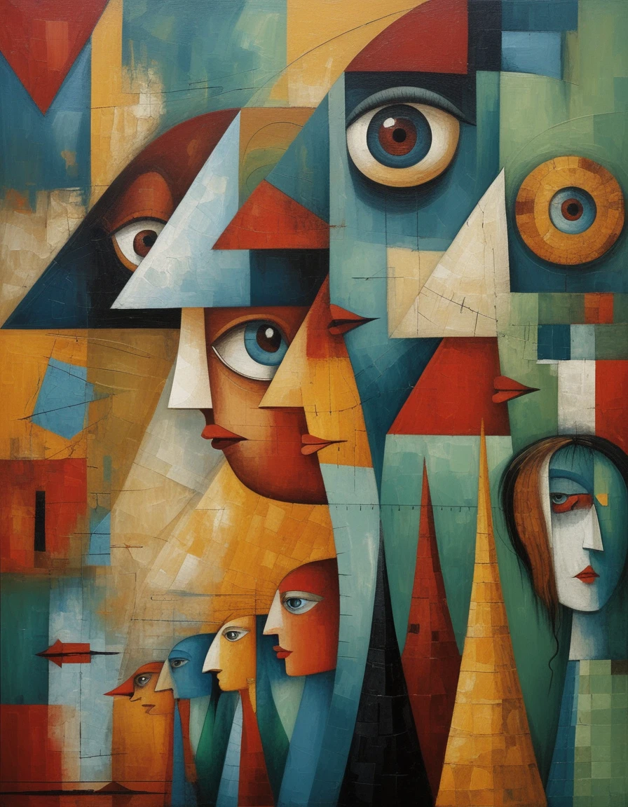 Fragmented cubist faces in overlapping geometric planes