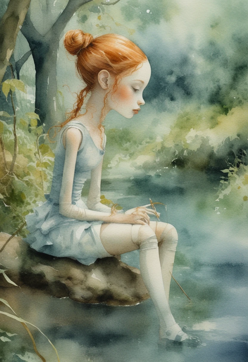 Androïde féminine surréaliste près d’un ruisseau forestier au visage de porcelaine