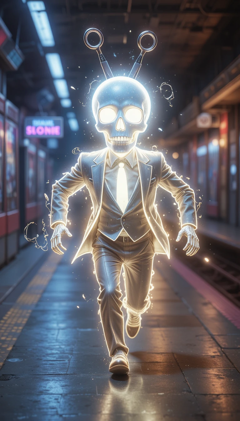 Glowing skull in a suit running across a station platform