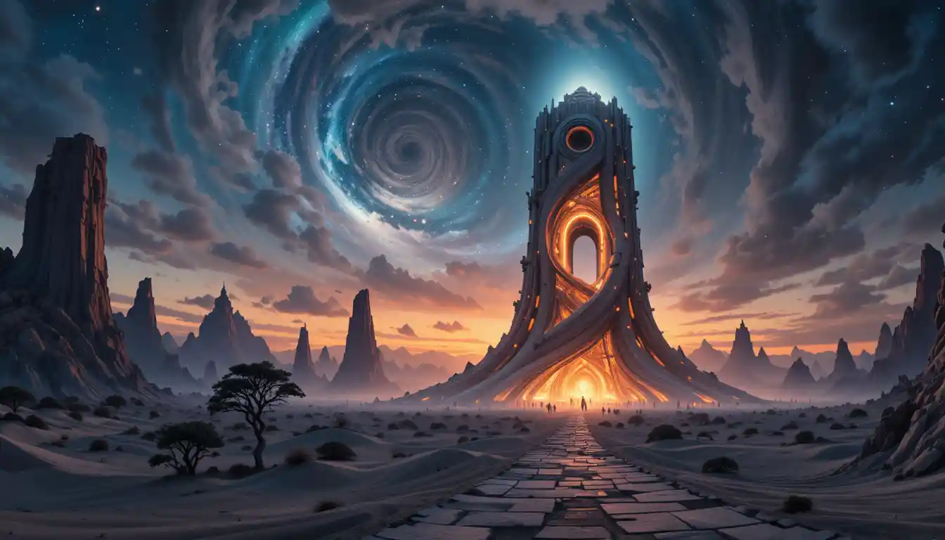 Futuristic monolithic lighthouse above a cosmic ocean at dusk