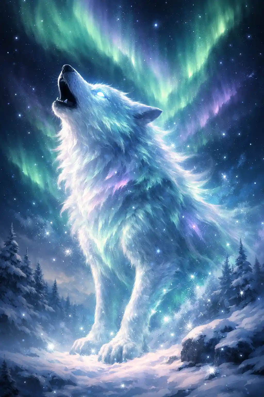 Mystical spectral wolf howling beneath glowing northern lights