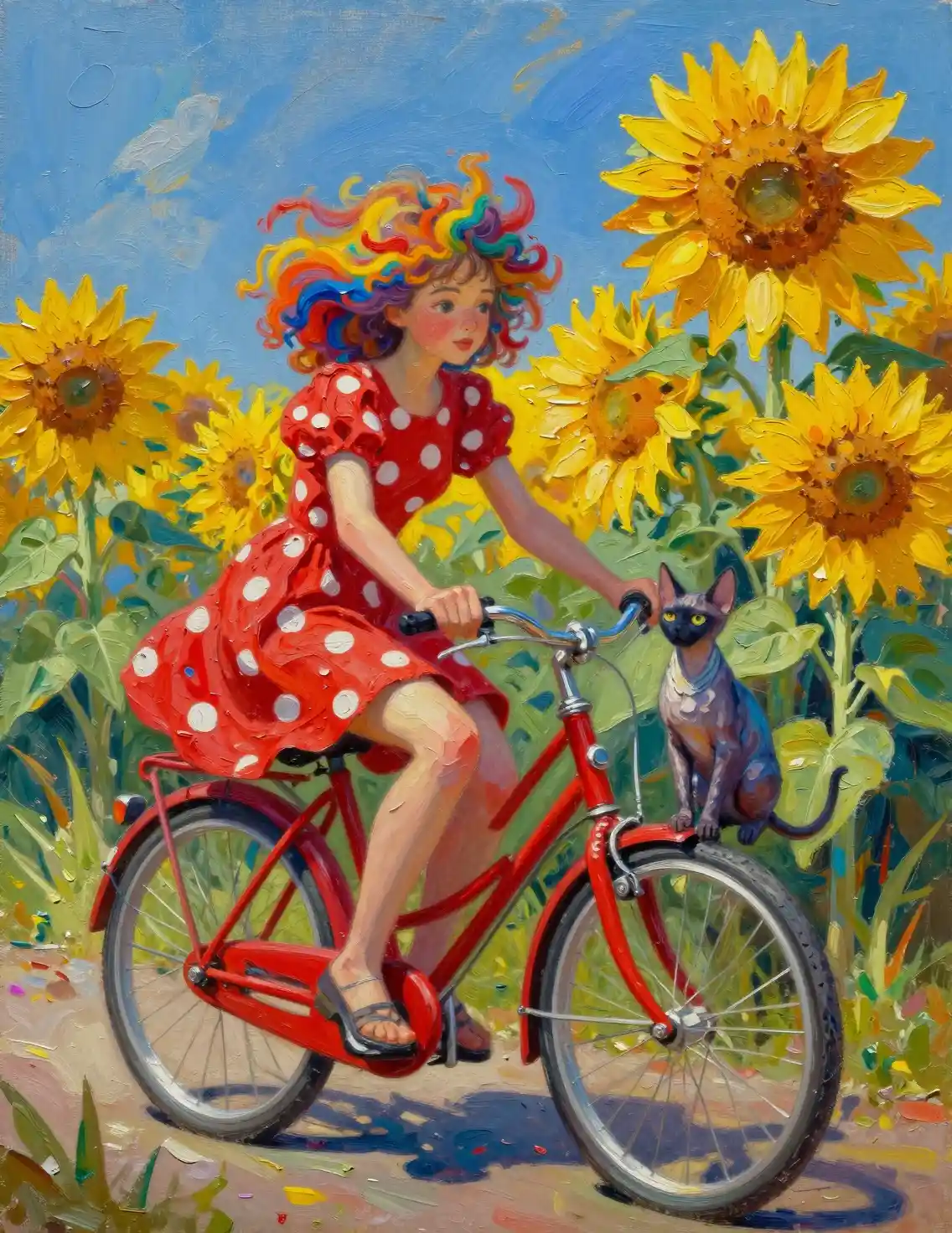 Donna su bicicletta rossa in un giardino di girasoli – dipinto