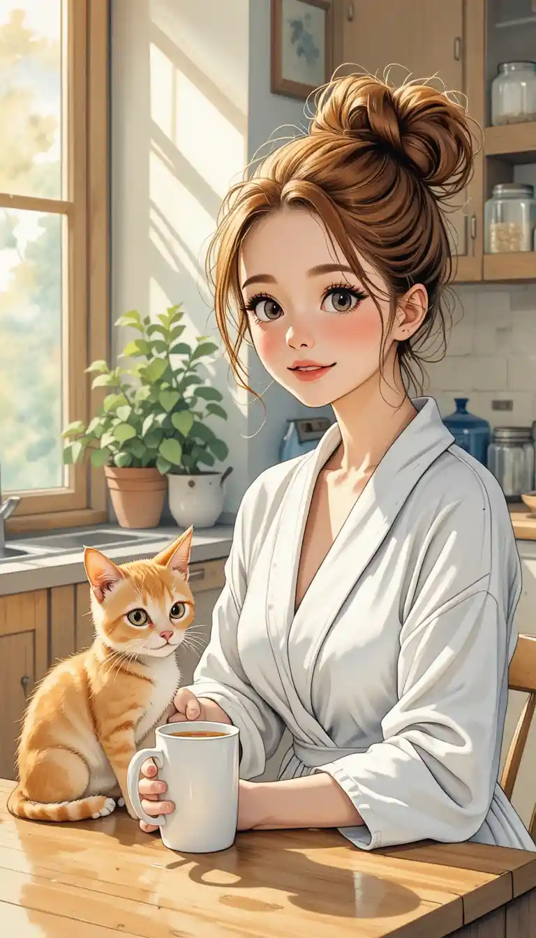Girl in a bathrobe with coffee and cat in kitchen