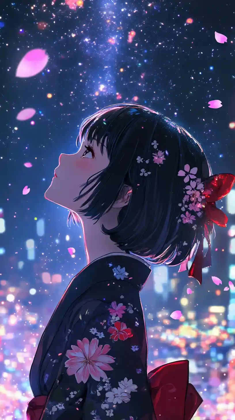 Anime girl in kimono gazing up into a glowing cosmic sky
