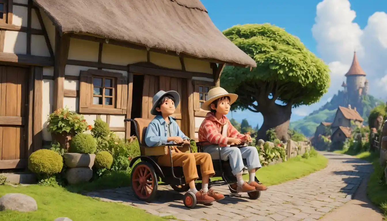 Cute cartoon couple enjoying a cozy day in a village