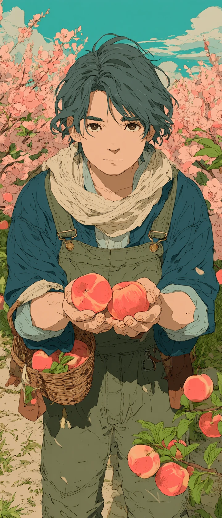 Contadino di frutta in stile anime che ammira una singola pesca perfetta