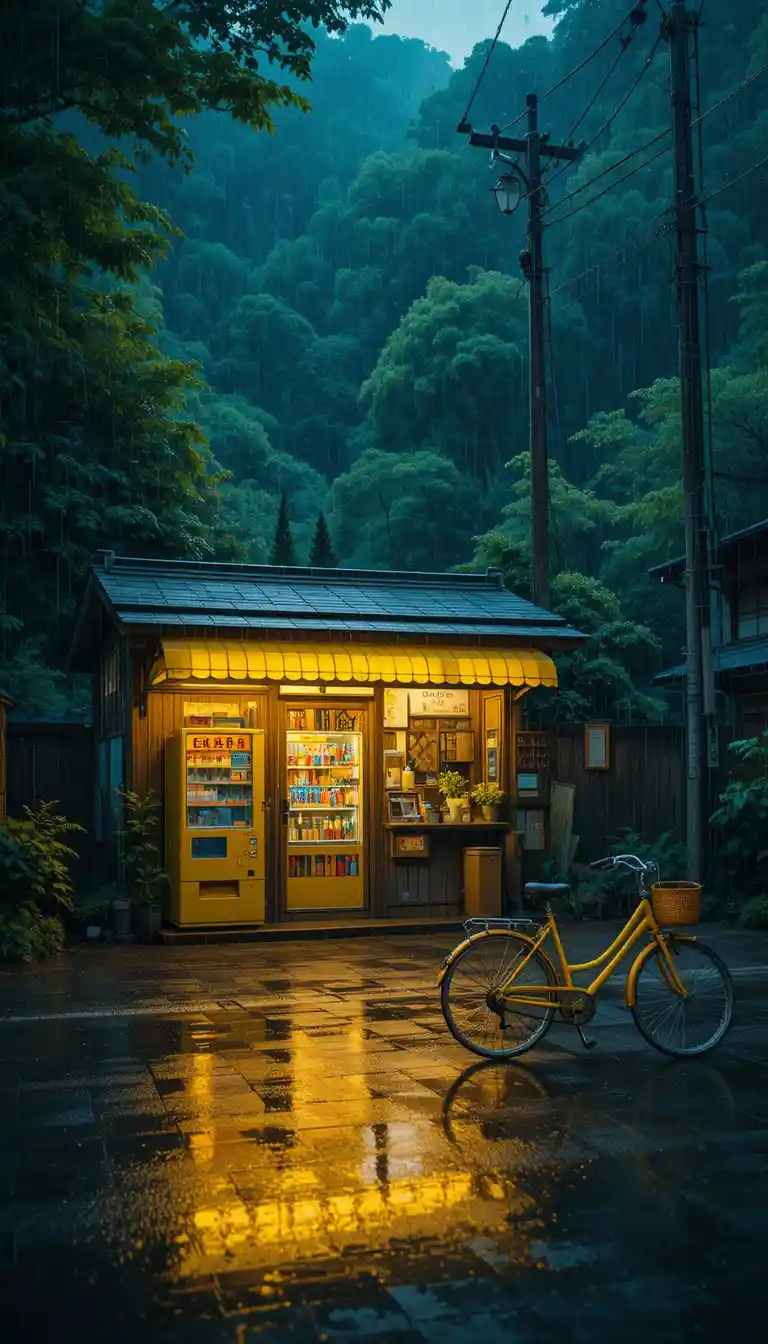 雨の夕暮れに灯る居心地のいい日本の森の売店