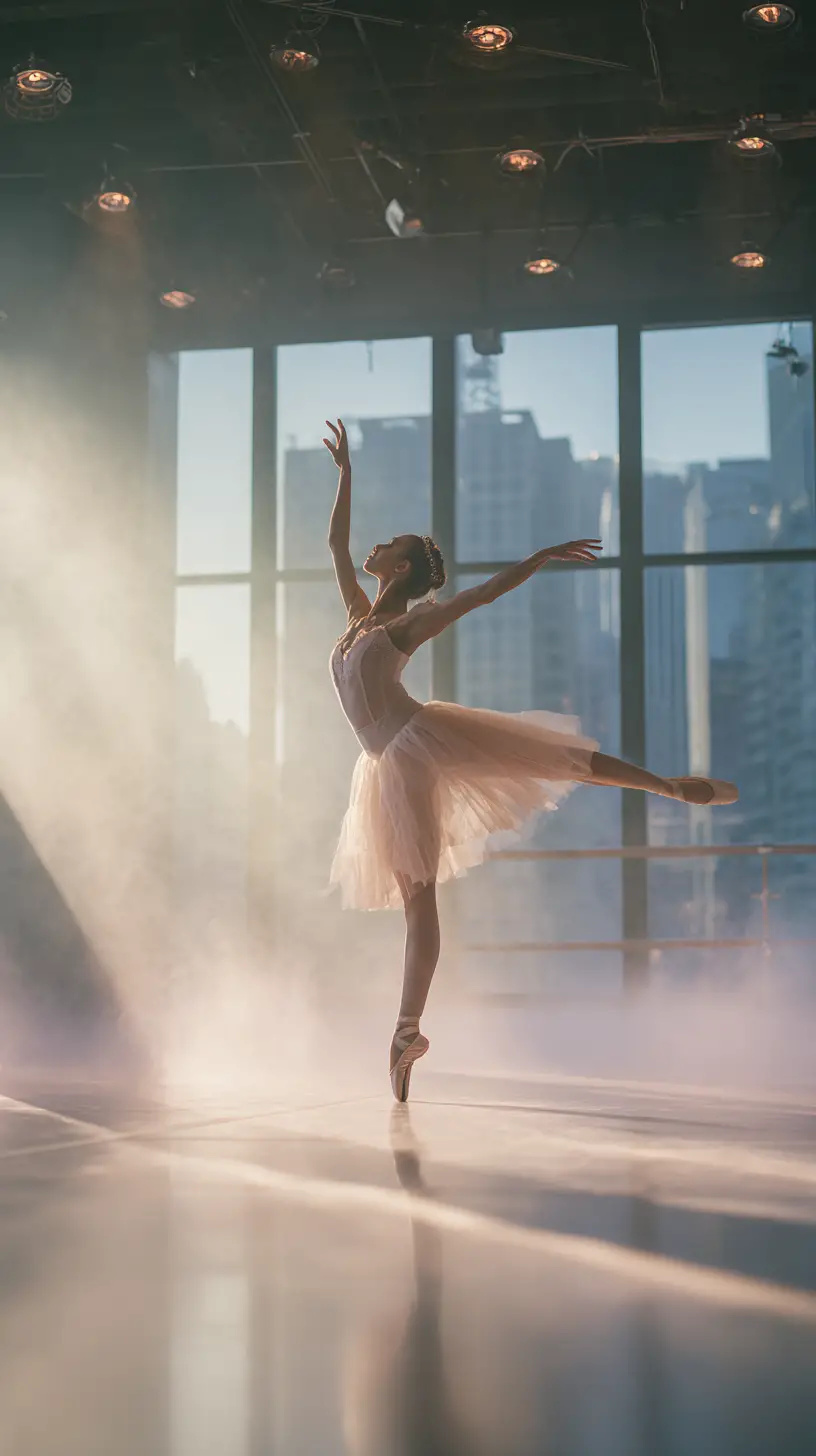 Bailarina em pose de arabesque em estúdio de dança urbano e iluminado