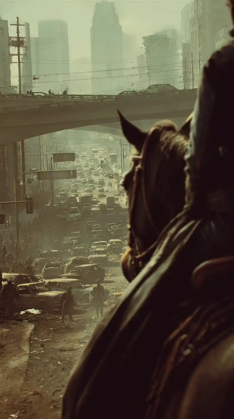 Man Riding A Horse On Empty Apocalyptic City Bridge