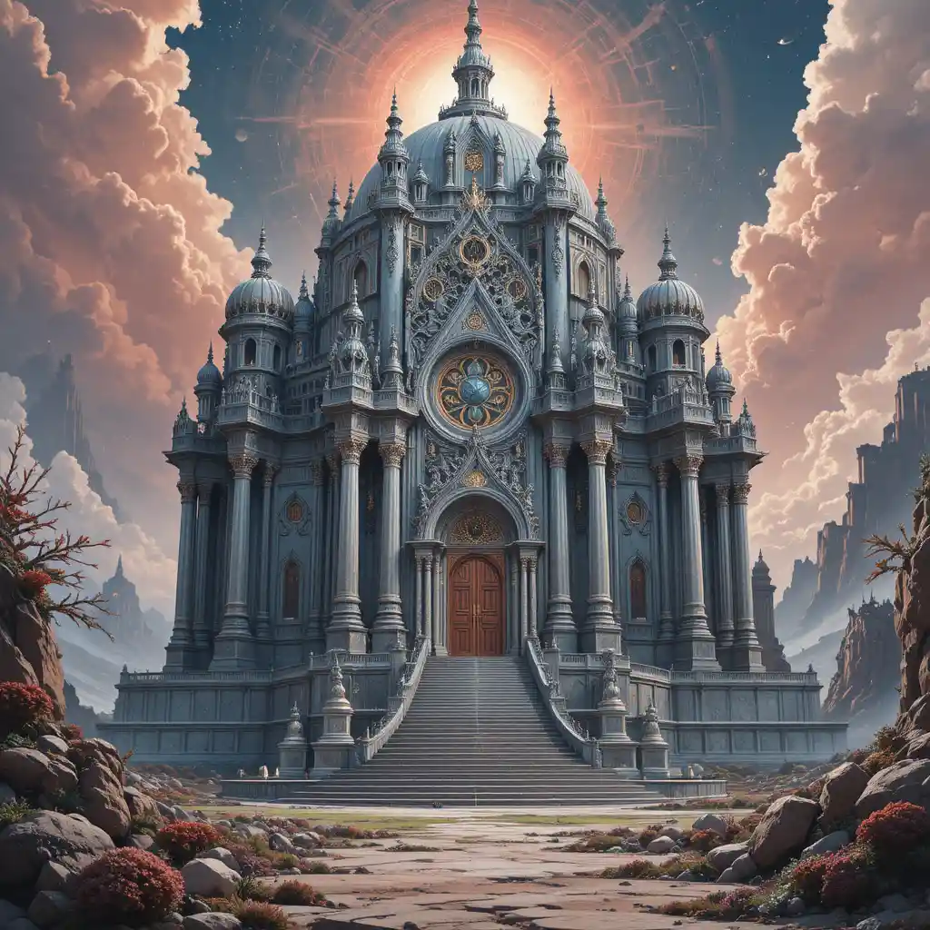 Ancient sacred temple beneath expansive sci fi inspired skies