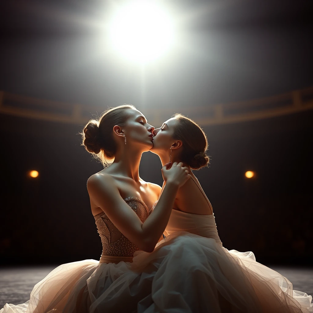 Duas bailarinas compartilham um beijo terno em um palco escuro