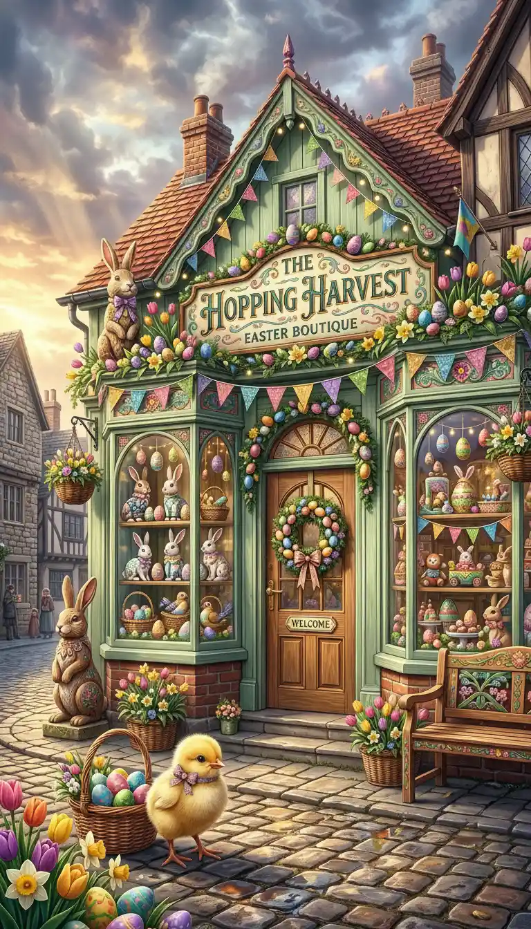 Colorful digital illustration of a quaint easter street shop
